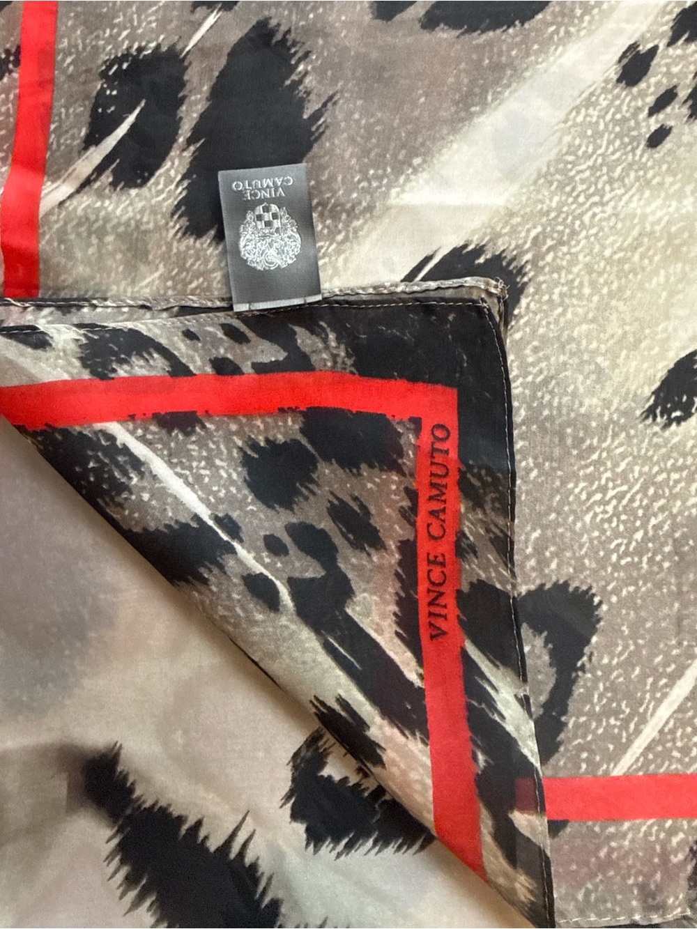 Vince Camuto Beige and Black Animal Print Silk Scarf with Red Border